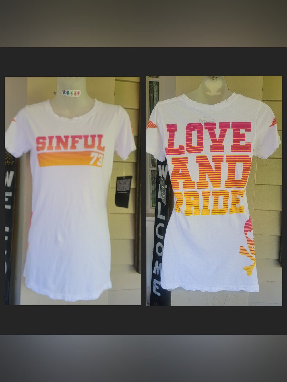 Y2k 2010s Sinful White Tee Pink Orange Gradient Print Love & Pride Distressed